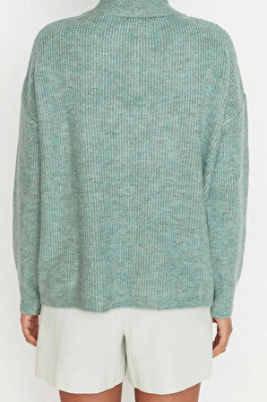 Kadın Modern Tarz Rahat Uzun Dik Yaka Düz Kol Regular Triko Kazak