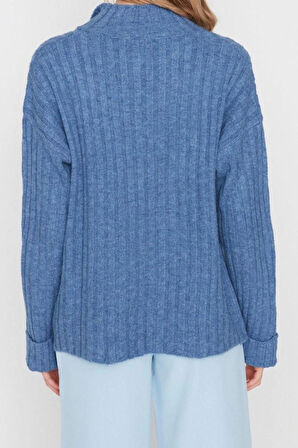 Kadın Modern Tarz Rahat Uzun Dik Yaka Düz Kol Regular Triko Kazak