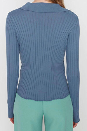 Kadın Modern Tarz Rahat Uzun Polo Yaka Düz Kol Regular Triko Kazak