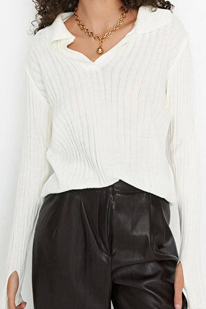 Kadın Modern Tarz Rahat Uzun Polo Yaka Düz Kol Regular Triko Kazak