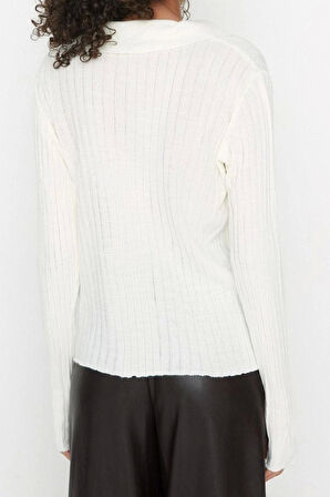 Kadın Modern Tarz Rahat Uzun Polo Yaka Düz Kol Regular Triko Kazak