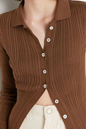 Kadın Modern Tarz Rahat Uzun Polo Yaka Düz Kol Regular Triko Hırka