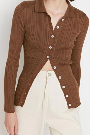 Kadın Modern Tarz Rahat Uzun Polo Yaka Düz Kol Regular Triko Hırka