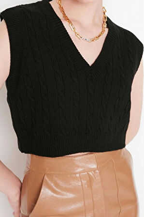 Kadın Modern Tarz Rahat Kolsuz V Yaka Saç Örgü Kol Crop Triko Süveter