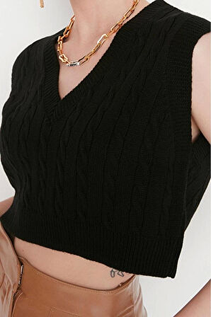 Kadın Modern Tarz Rahat Kolsuz V Yaka Saç Örgü Kol Crop Triko Süveter