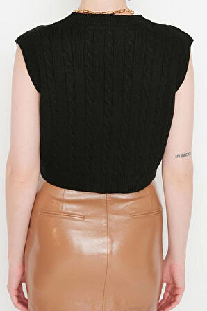 Kadın Modern Tarz Rahat Kolsuz V Yaka Saç Örgü Kol Crop Triko Süveter