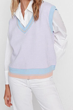 Kadın Modern Tarz Rahat Kolsuz V Yaka Geometrik Kol Regular Triko Süveter