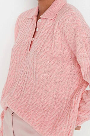 Kadın Modern Tarz Rahat Uzun Polo Yaka Saç Örgü Kol Regular Triko Kazak