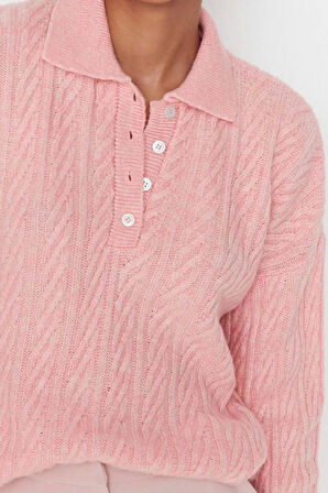 Kadın Modern Tarz Rahat Uzun Polo Yaka Saç Örgü Kol Regular Triko Kazak