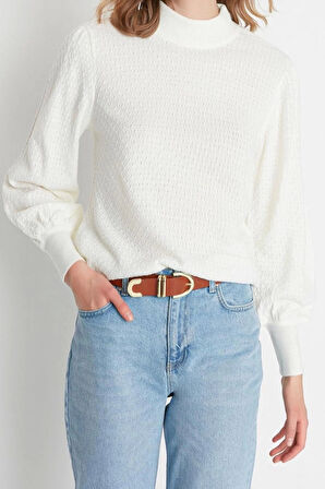 Kadın Modern Tarz Rahat Uzun Dik Yaka Dokulu Kol Regular Triko Kazak