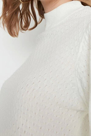 Kadın Modern Tarz Rahat Uzun Dik Yaka Dokulu Kol Regular Triko Kazak