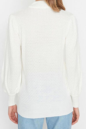 Kadın Modern Tarz Rahat Uzun Dik Yaka Dokulu Kol Regular Triko Kazak