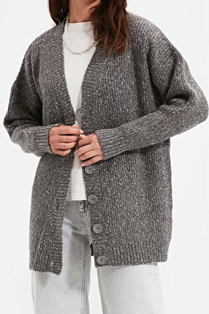 Kadın Modern Tarz Rahat Uzun V Yaka Düz Kol Regular Triko Hırka