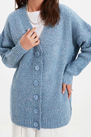 Kadın Modern Tarz Rahat Uzun V Yaka Düz Kol Regular Triko Hırka