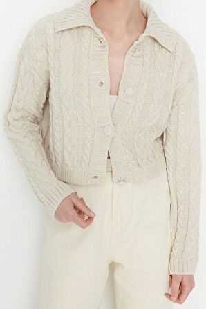 Kadın Modern Tarz Regular Polo Yaka Crop Triko Hırka