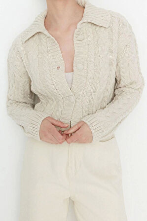 Kadın Modern Tarz Regular Polo Yaka Crop Triko Hırka