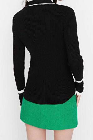 Kadın Modern Tarz Rahat Uzun Dik Yaka Renk Bloklu Kol Regular Triko Kazak