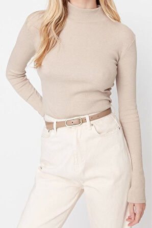 Moda Dik Yaka Örme Slim Düz Desen Casual Günlük Regular Uzun Kol Bluz