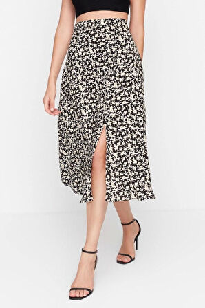 Moda A-line Çiçekli Desen Günlük Midi Boy Yırtmaç Detaylı Viskon Kumaşlı Midi Dokuma Etek