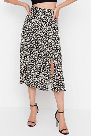 Moda A-line Çiçekli Desen Günlük Midi Boy Yırtmaç Detaylı Viskon Kumaşlı Midi Dokuma Etek