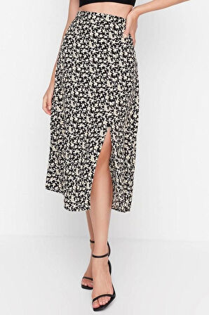 Moda A-line Çiçekli Desen Günlük Midi Boy Yırtmaç Detaylı Viskon Kumaşlı Midi Dokuma Etek