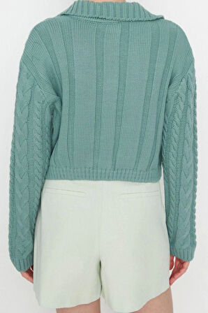 Kadın Modern Tarz Rahat Uzun Polo Yaka Saç Örgü Kol Crop Triko Hırka