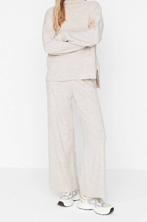 Moda Triko Düz Dik Yaka Düşük Kol Casual Günlük Regular Pantolonlu Triko Alt-Üst Takım