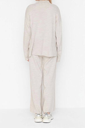 Moda Triko Düz Dik Yaka Düşük Kol Casual Günlük Regular Pantolonlu Triko Alt-Üst Takım