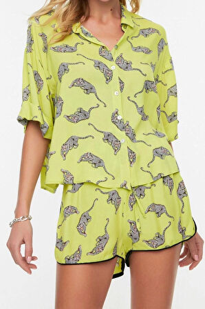 Moda Dokuma Manzara Gömlek Yaka Plaj Tropikal Desenli Dokuma Gömlek Şort Takım