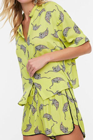 Moda Dokuma Manzara Gömlek Yaka Plaj Tropikal Desenli Dokuma Gömlek Şort Takım