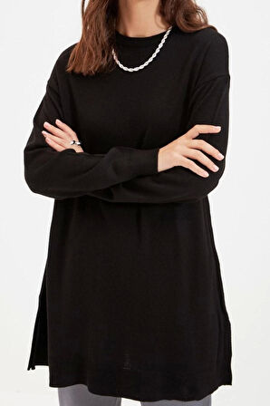 Kadın Modern Tarz Rahat Uzun Bisiklet Yaka Düz Kol Midi Triko Kazak