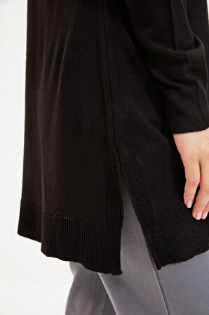 Kadın Modern Tarz Rahat Uzun Bisiklet Yaka Düz Kol Midi Triko Kazak