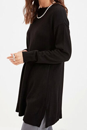 Kadın Modern Tarz Rahat Uzun Bisiklet Yaka Düz Kol Midi Triko Kazak