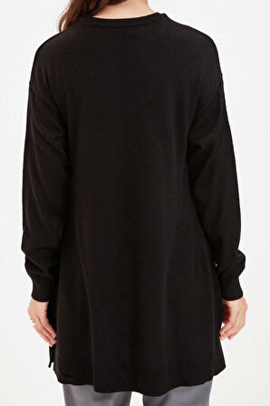 Kadın Modern Tarz Rahat Uzun Bisiklet Yaka Düz Kol Midi Triko Kazak