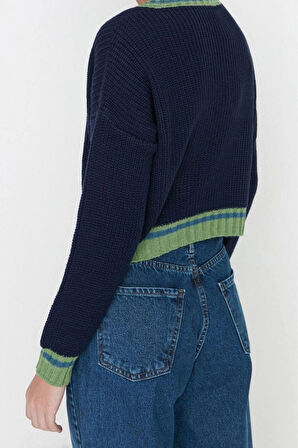 Kadın Modern Tarz Rahat Uzun V Yaka Renk Bloklu Kol Crop Triko Kazak