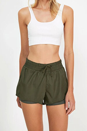 Moda Örme Normal Bel Boru Paça Sportswear Mint Paraşüt Kumaş 2 Katmanlı İçi Şortlu Örme Spor Şort