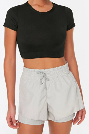 Moda Örme Normal Bel Boru Paça Sportswear Mint Paraşüt Kumaş 2 Katmanlı İçi Şortlu Örme Spor Şort