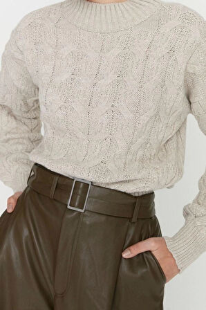 Kadın Modern Tarz Rahat Uzun Dik Yaka Saç Örgü Kol Crop Triko Kazak