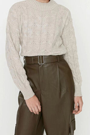 Kadın Modern Tarz Rahat Uzun Dik Yaka Saç Örgü Kol Crop Triko Kazak