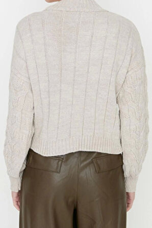 Kadın Modern Tarz Rahat Uzun Dik Yaka Saç Örgü Kol Crop Triko Kazak