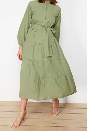 Moda Rahat Casual Günlük Terrycotton Dokuma Dik Yaka Uzun Kol Basic Maxi Boy Tesettür Elbise