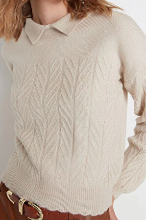 Kadın Modern Tarz Rahat Uzun Polo Yaka Saç Örgü Kol Regular Triko Kazak