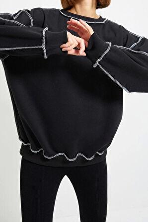 Bol Bisiklet Yaka Düşük Kol Uzun Normal Kalıp Karyoka Dikişli Kalın Polarlı Örme Sweatshirt