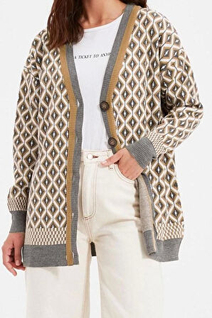 Kadın Modern Tarz Rahat Uzun V Yaka Geometrik Kol Regular Triko Hırka