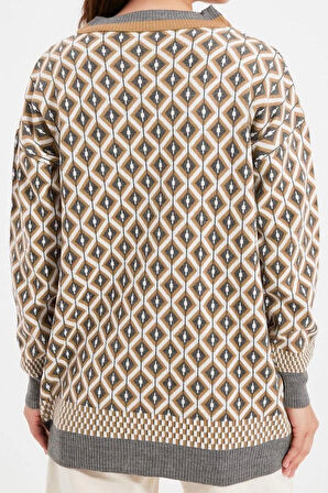 Kadın Modern Tarz Rahat Uzun V Yaka Geometrik Kol Regular Triko Hırka