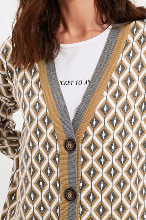 Kadın Modern Tarz Rahat Uzun V Yaka Geometrik Kol Regular Triko Hırka