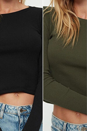 Moda Bisiklet Yaka Örme Slim Düz Desen Casual Günlük Crop Uzun Kol Bluz