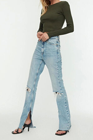 Moda Bisiklet Yaka Örme Slim Düz Desen Casual Günlük Crop Uzun Kol Bluz