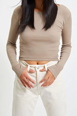 Moda Bisiklet Yaka Örme Slim Düz Desen Casual Günlük Crop Uzun Kol Bluz