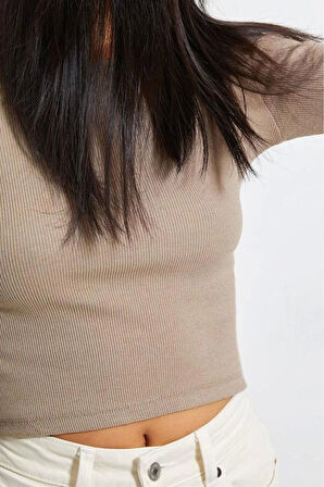 Moda Bisiklet Yaka Örme Slim Düz Desen Casual Günlük Crop Uzun Kol Bluz